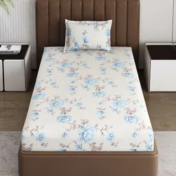 Monte Carlo Off White & Blue Floral Printed 120 TC Single Bedsheet Set 1.52 m x 2.30 m image 5