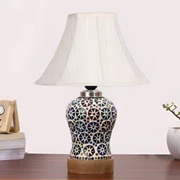 Devansh Off White & Blue Floral Printed Frustum Shaped Wooden Table Lamp image 4