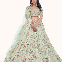 ODETTE Floral Embroidered Beads and Stones Net Semi-Stitched Lehenga & Blouse With Dupatta image 1