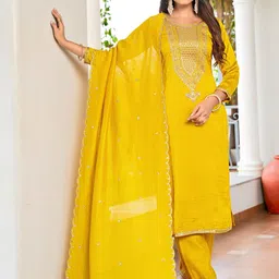 J.KANJI Ethnic Motifs Embroidered Dupion Silk Round Neck Kurta With Trouser & Dupatta image 2
