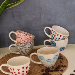 WEAVING HOMES Beige & Red 6 Pieces Printed Ceramic Glossy Mugs 220ml Each image 2