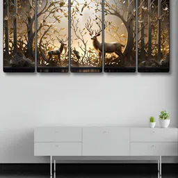SAF Beige & Black 5 Pieces Deer Printed Wooden Wall Arts-image-9