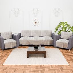 Kuber Industries Cream-Coloured 10 Pieces Self Design Cotton 5 Seater Sofa Covers-picture-34