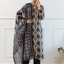 Anouk Black Floral Printed Mandarin Collar Straight Kurta With Trousers & Dupatta-picture-44