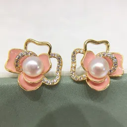 FIMBUL Gold-Plated Stones Studded & Pearls Beaded Floral Shaped Studs image 2