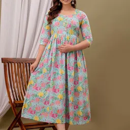FASHION SWAG Floral Printed Cotton Maternity Midi Ethnic Dresses-picture-18