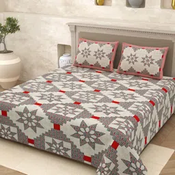 Aura Opulent Grey & White Ethnic Printed Cotton Ajrak Printed 210 TC King Bedsheet Set image 4