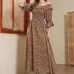 FIXOCRA Women Floral Print Off-Shoulder Puff Sleeve Fit & Flare Maxi Dress-image-3