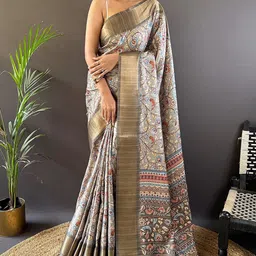 ELITE WEAVES Floral Kalamkari Printed Zari Silk Cotton Tussar Saree-picture-17