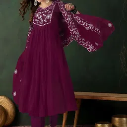 KALINI Women Ethnic Motifs Embroidered Empire Sequinned Kurta with Trousers & With Dupatta image 5