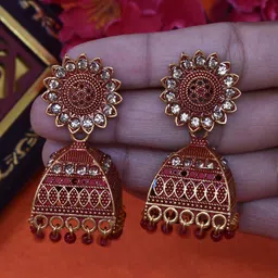 MEIRA JEWELLERY Artificial Stones Studded & Beaded Dome Shaped Jhumkas-picture-26