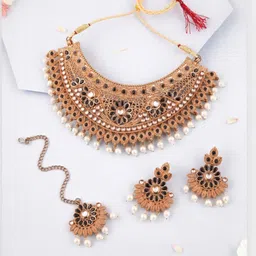 Anouk Traditional Antique Gold-Plated Black Stone & Pearl Choker Set-image-12