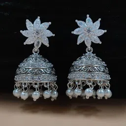 JYONA Silver Plated Cubic Zirconia Studded Dome Shaped Jhumkas-picture-23