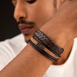 The Roadster Lifestyle Co Men 2 Brown Leather Handcrafted Multistrand Bracelet-picture-53