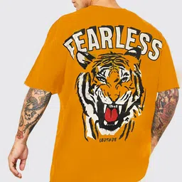 leotude Men Printed Round Neck Cotton Blend Yellow T-Shirt image 1