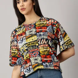 diversify Women Printed Round Neck Pure Cotton Multicolor T-Shirt image 3