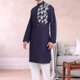 Moda Rapido Men Floral Embroidered Regular Thread Work Pure Cotton Kurta with Pyjamas image 4