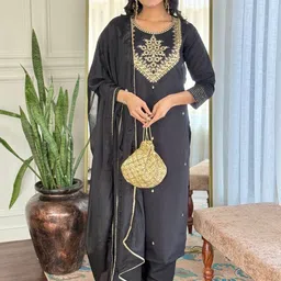 KALINI Women Floral Embroidered Regular Kurta with Trousers & With Dupatta image 2