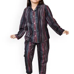 BAESD Girls Striped Lapel Collar Shirt & Pyjamas Night suit-image-82