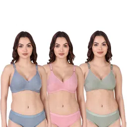samvar Women Blue,Pink,Green Cotton Bra Panty Set for Lingerie Set Undergarments Pack of 3-picture-21