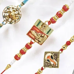 MEIRA JEWELLERY Set Of 3 Ganesha Rakhis With Greeting Card & Roli Chawal image 2