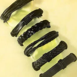jewelgenics Black Multi-String Wristband Leather Bracelet For Men (pack of 6) image 5