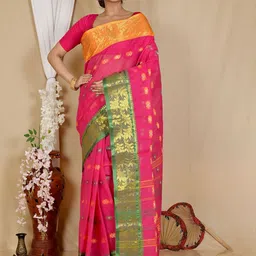 PuJoy Floral Zari Pure Cotton Taant Saree-image-20
