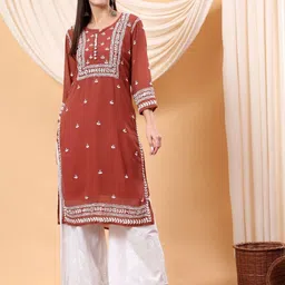 Poshak Chikan Studio Women Ethnic Motifs Embroidered Chikankari Summer Sheers Georgette Kurta image 1