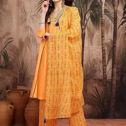 HERE&NOW Women Pleated Thread Work Pure Cotton Kurta with Palazzos & With Dupatta-picture-16