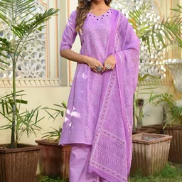 DISHWA FASHION Bandhani Printed Pleated Pure Cotton A-Line Kurta with Trousers & Dupatta-image-83