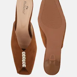 Dollphin Women Tan Embellished Square Toe Open Back Suede Material Slim Heel Mules image 2