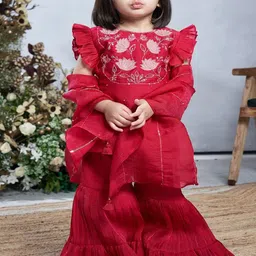 Vivedkids Girls Floral Embroidered Regular Thread Work Kurti with Sharara & With Dupatta image 1