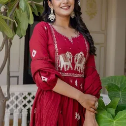 AREEH Women Bandhani Embroidered Cotton Anarkali Kurta with Trousers & Dupatta image 3