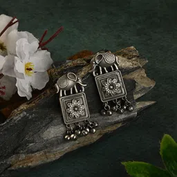 VENI 92.5 Silver-Plated Ghungroo Beaded Oxidised Elephant Shaped Drop Earrings-image-2