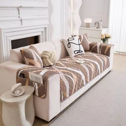 HOMETHREADS Coffee Brown & Brown Printed Sofa Cover image 2