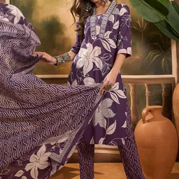 Sangria Floral Printed Pure Cotton Straight Kurta Trousers With Dupatta image 4