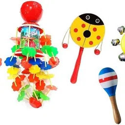 rainbowstore Battery Merry Go Round Jhoomer & Wooden Rattles Combo - Perfect for Newborns Rattle-picture-38