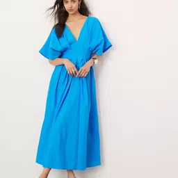 Outzidr Women V-Neck Puff Sleeve A-Line Midi Dress-picture-17
