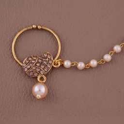 GC PREMIUM JEWELLERY Gold-Plated CZ Studded And Pearls Beaded Ring Nosepin With Chain image 4