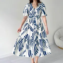 OMPAX Print Puff Sleeve A-Line Midi Dress-picture-41