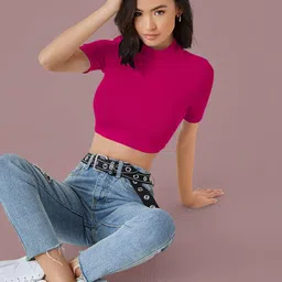 Dream Beauty Fashion Solid Round Neck Short Sleeves Crop Top image 2