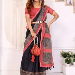 Jinal & Jinal Ethnic Motifs Zari Linen Blend Designer Saree-picture-16