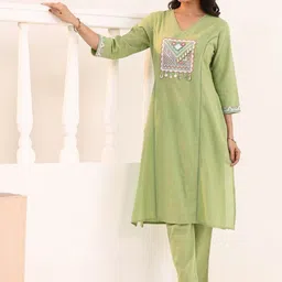 MISRI Floral Embroidered A-Line Thread Work Pure Cotton Kurta With Trousers image 2