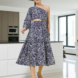 OOMPH! FACTOR Floral Print Cold-Shoulder Crepe A-Line Midi Dress-picture-37
