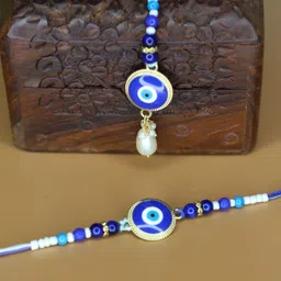 House of Pataudi Set Of 3 Evil Eye Bhaiya Bhabhi Rakhi With Roli Chawal & Greeting Card image 4