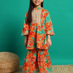 Readiprint Fashions Girls Floral Printed Empire Gotta Patti Pure Cotton Kurti with Sharara-picture-49
