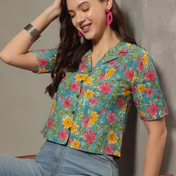 KALINI Floral Print Roll-Up Sleeves Cotton Shirt Style Crop Top-picture-29