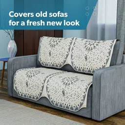 Aura Grey & White Printed Cotton 4 Piece Sofa Cover image 3