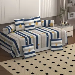 Bromwick 8-Pcs White & Navy Blue Printed 250TC Diwan Set-image-0
