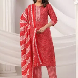 Indo Era Women Bandhani Printed Regular Thread Work Pure Cotton Kurta with Trousers & With Dupatta image 2